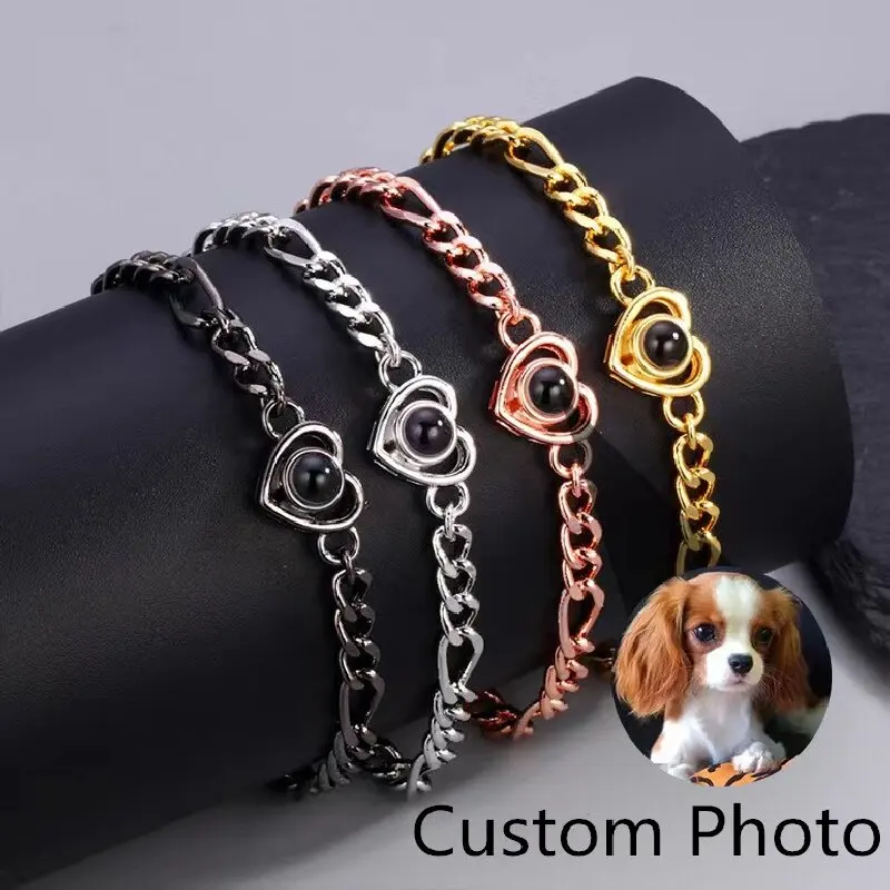 

[Customized Product] New Private Custom Picture, Heart-Shaped Cuban Projection Bracelet, Male and Female Lover Confession Gift, Christmas Commemorative Photo
