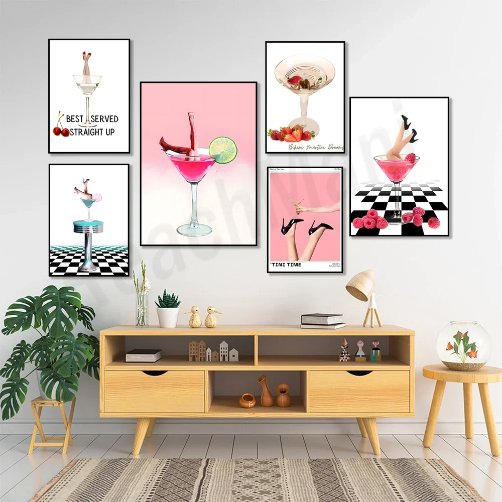 Martini time cocktail bikini strawberry art, champagne glass leg art, cocktail splash legs high heels bar fashion art poster