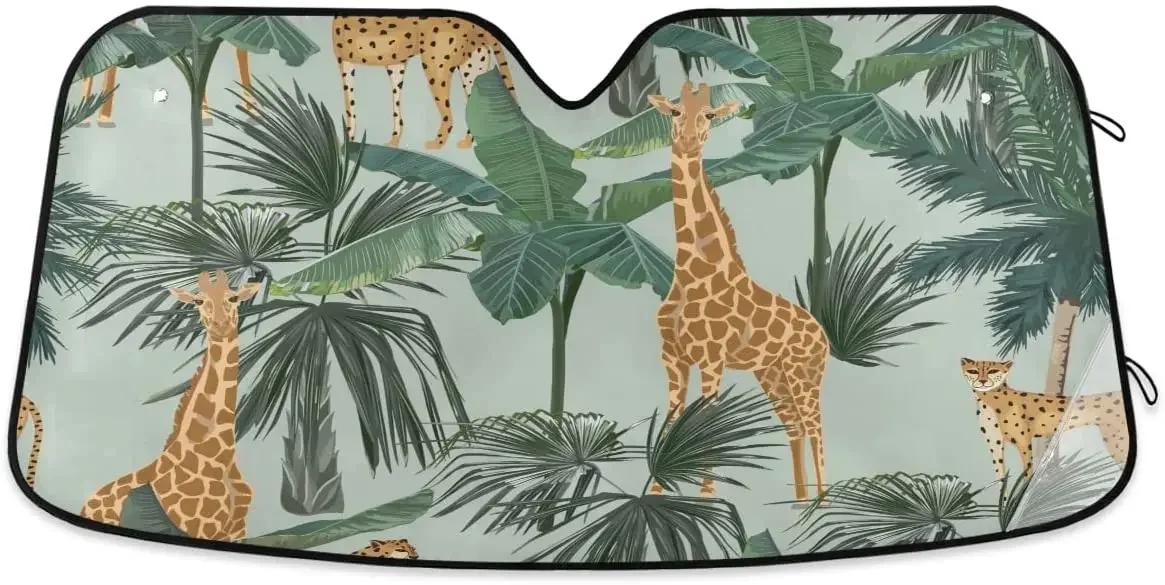 Palm Trees Giraffes Leopards Car Front Windshield Sun Shade, Accordion Folding Auto Sunshade Blocks UV Rays Sun Visor Protector