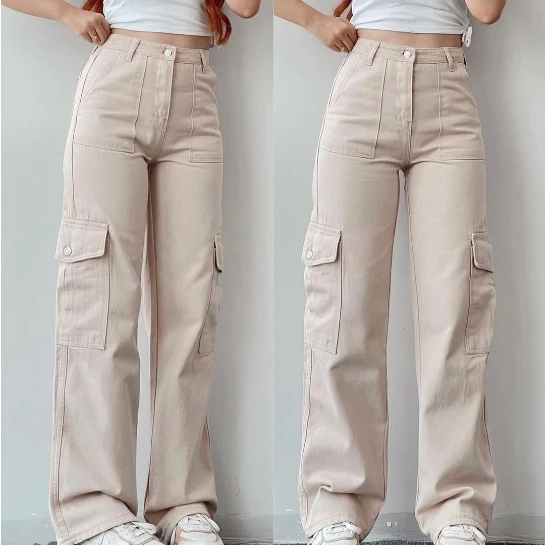 2024 Women's Casual Loose Trousers Mid Waist Three-Dimensional Pocket Pants Waist Cinching Solid Color Pants