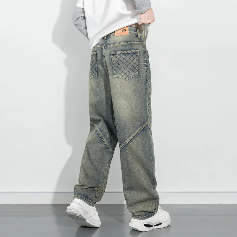 

Retro yellow mud jeans men's street fashion, loose, wide leg, rugged and handsome, with textured print design and long pants
