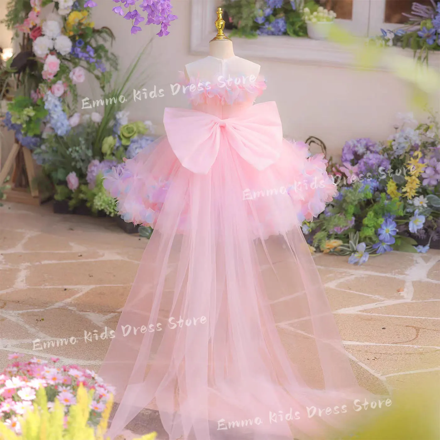 DEOIS  Elegant 3D Flowers Girl Dress Wedding with Bow and Train for Kids Princess Birthday  Party Holiday Ball Gown