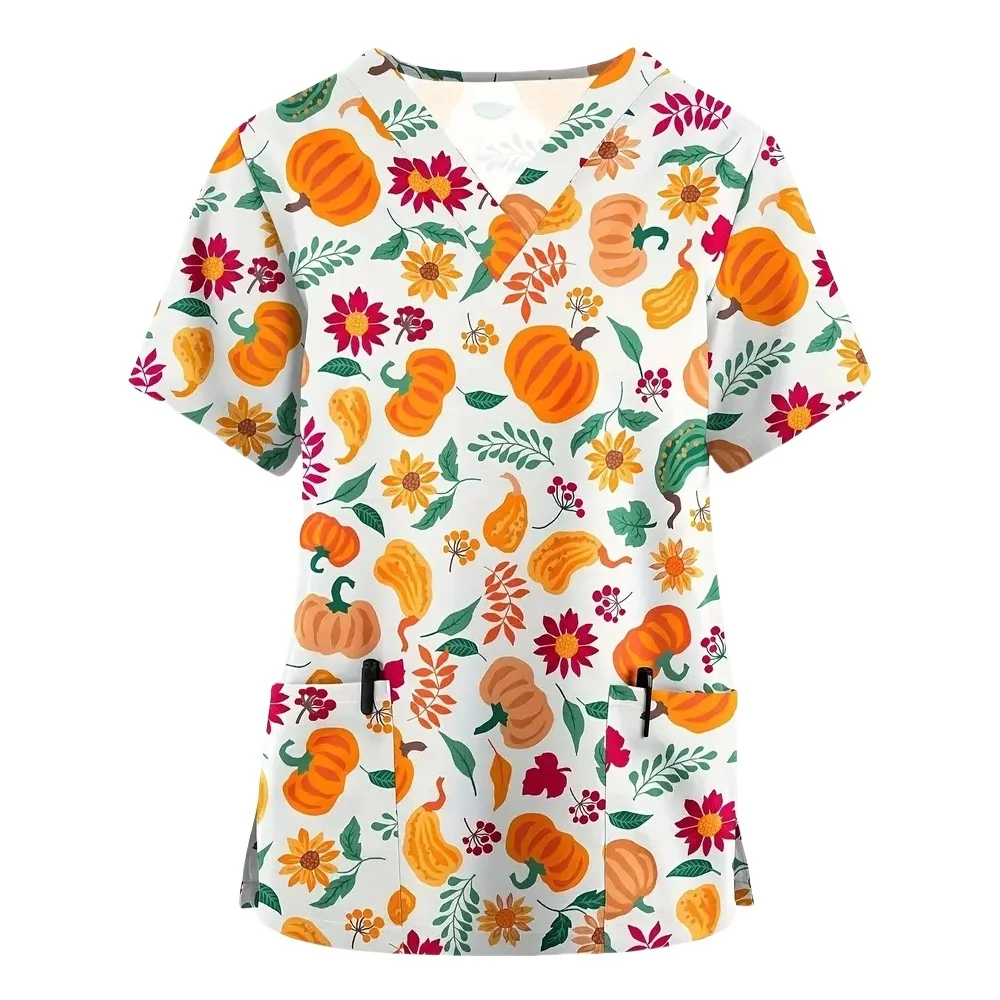 ใหม่ผู้หญิงฮาโลวีนพิมพ์ชุดพยาบาลแขนสั้นชุดสครับคอวีเสื้อกระเป๋าผู้ดูแลทำงานสวมใส่เครื่องแบบทางการแพทย์