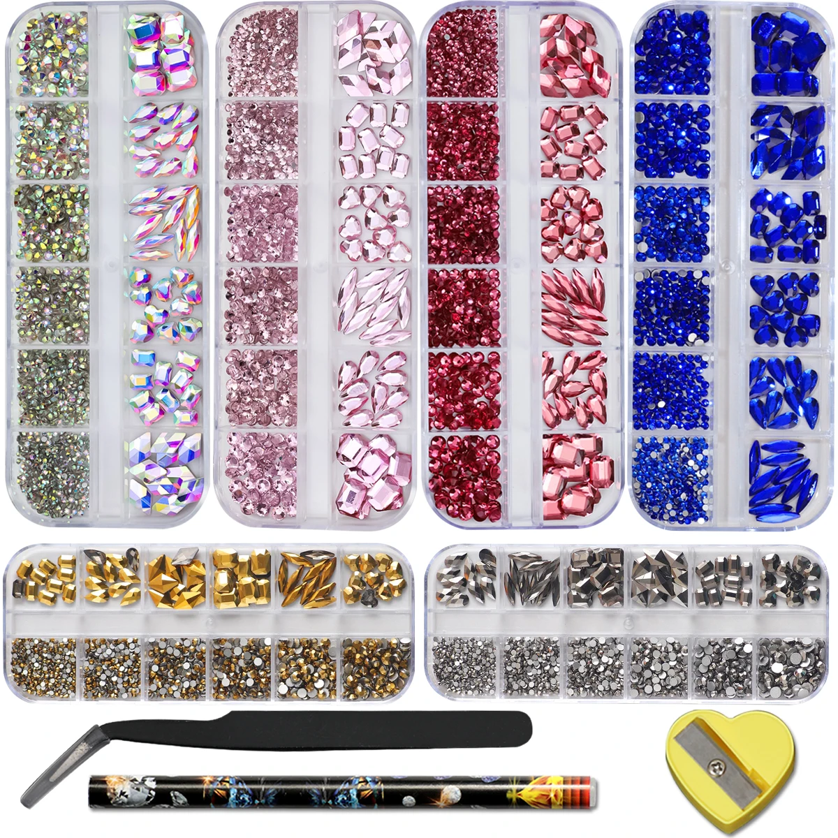 6BOX/12 grid set green water drop love white pink diamond nail art charm 3D shiny different size diamond jewelry flat bottom spe