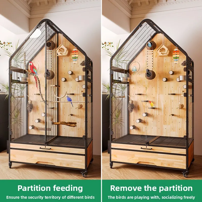 Solid Wood Panoramic  Large Birds Villa Design with Breathable Movable DIY Button for Pets