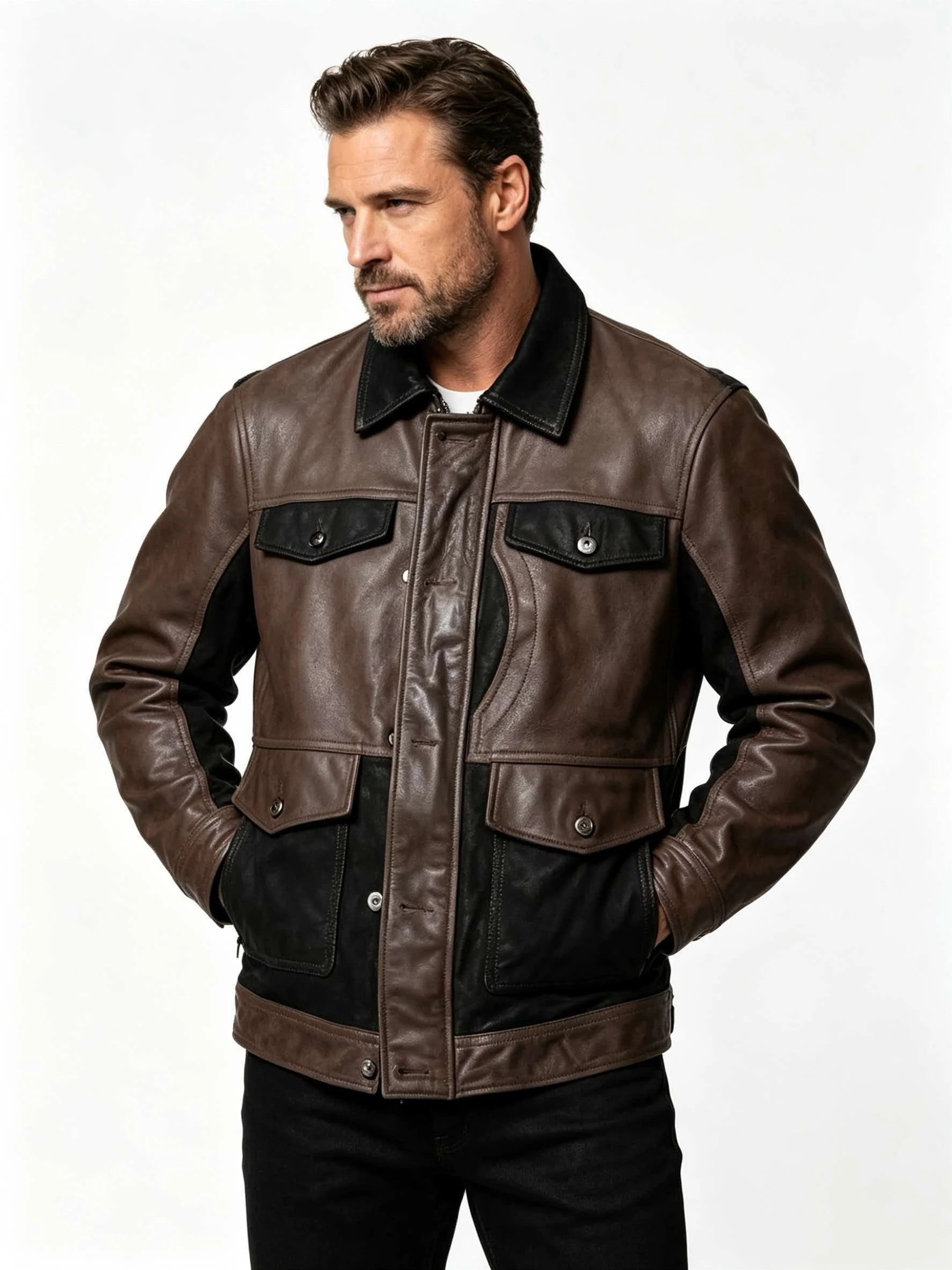 Dark Brown Winter Leather Jacket Men Retro Style Plus Size 5XL Genuine Natural Cowhide Turn-Down Collar M65 Spliced Coat