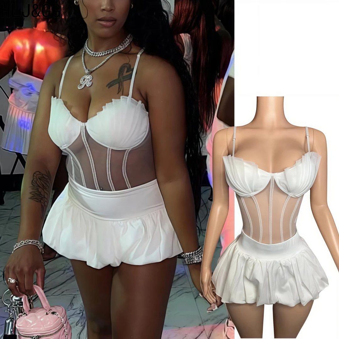 

HLJ&GG White Sexy Mesh Ruched Corset Vest Two Pece Sets For Women Strap Slim Crop Top + Puffy Mini Skirts Nightclub Outfits 2024