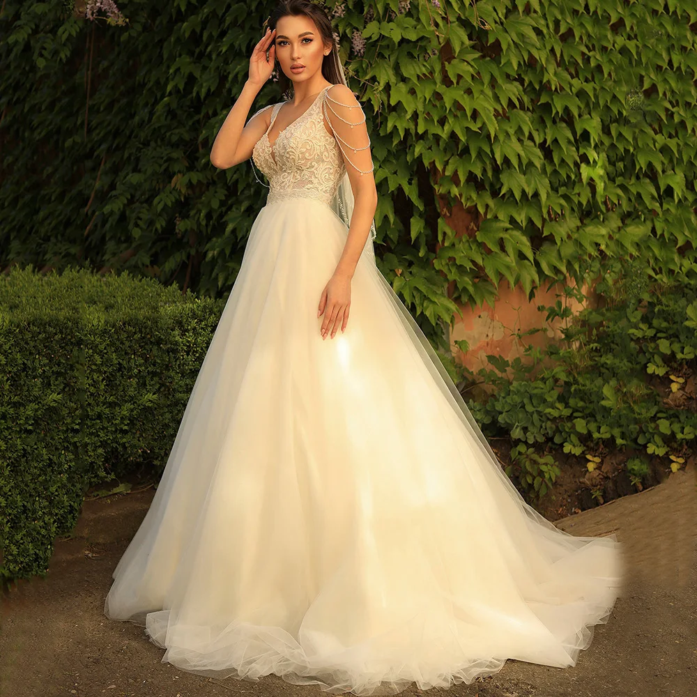 Pmwrun Wunderschöne Hochzeit Kleider V-ausschnitt und Ärmellose Sexy Open Back Appliques Tüll Illusion Romantische Bridel Heiraten Kleider