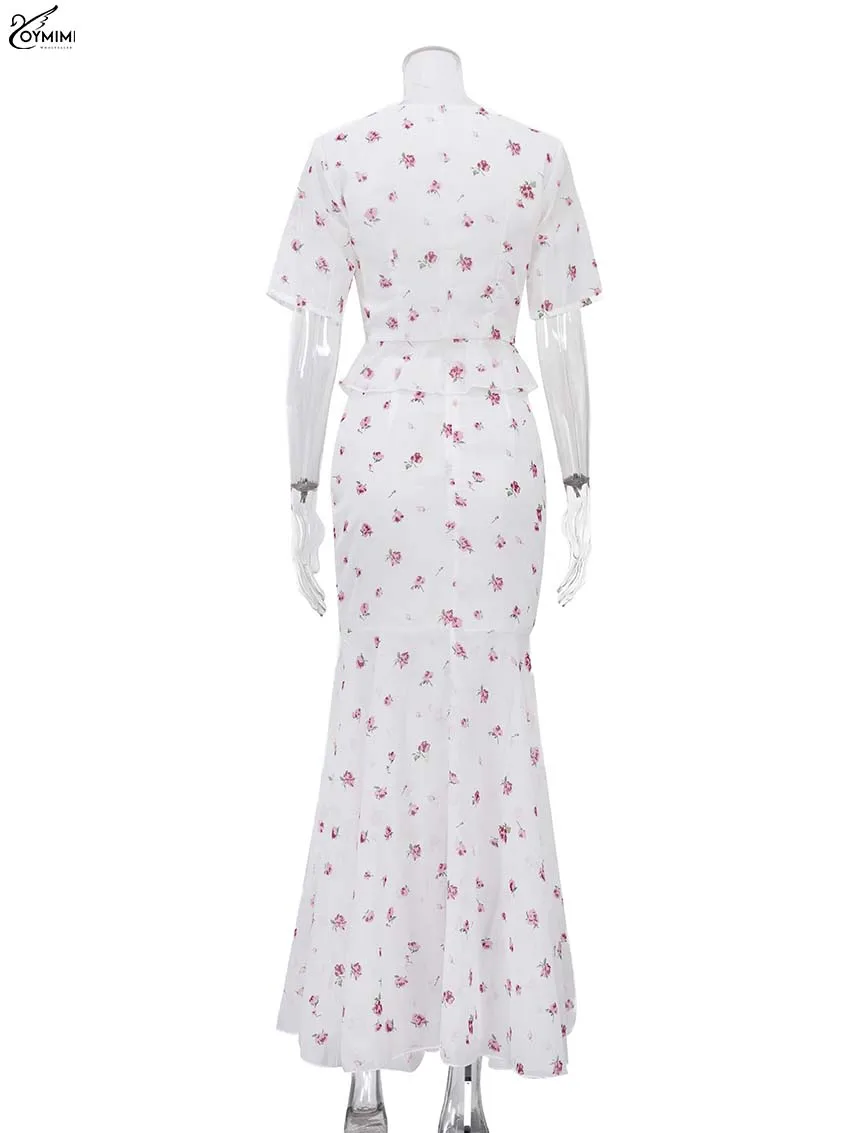 Oymimi Women's White Floral Chiffon 2-Piece Set 2026 Spring V-Neck Crop Top Mermaid Maxi Skirts Romantic Sexy Elegant Outfit