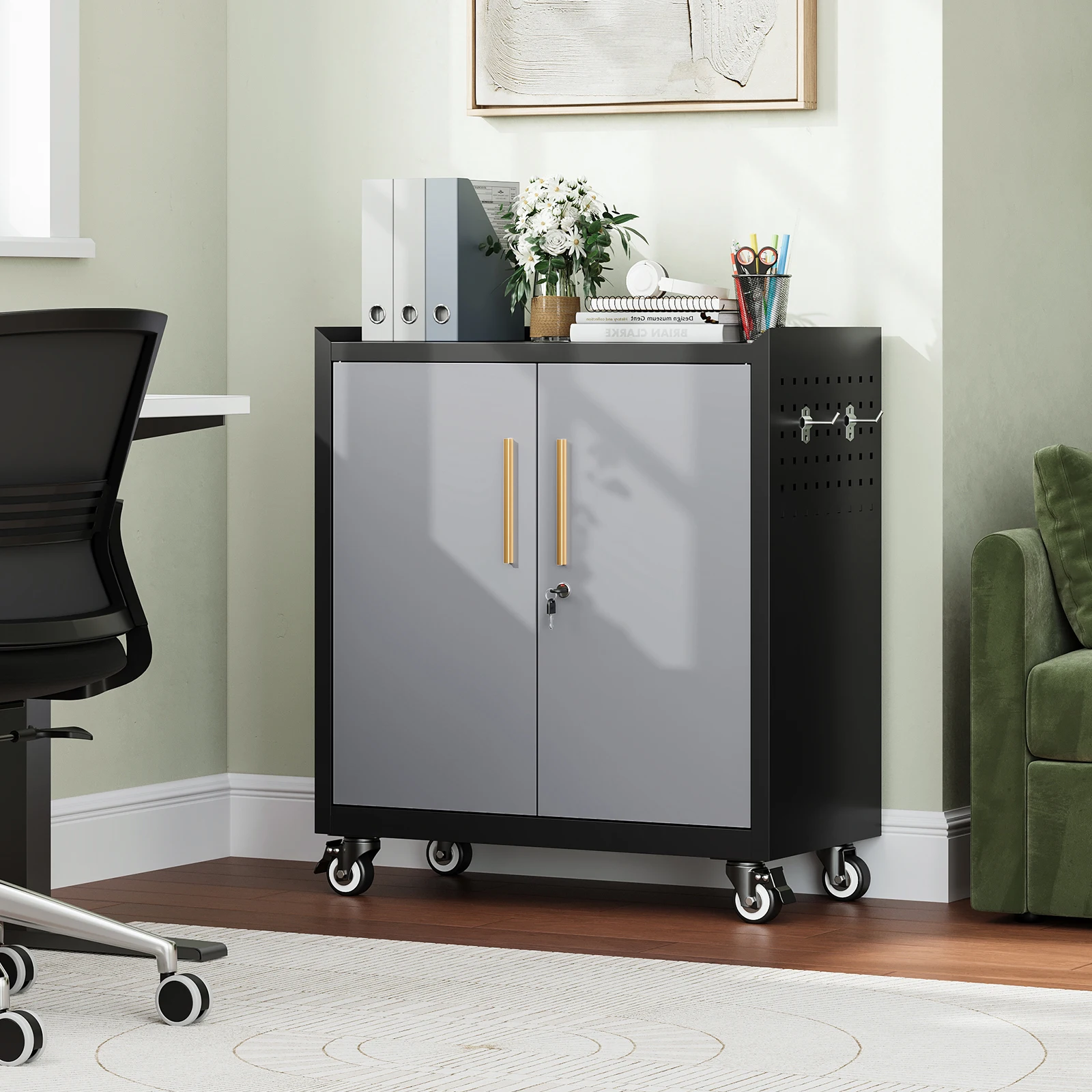 Mobile metal storage cabinet with wheels,34”h cabinet with locking doors and 2 adjustable shelves for home office Warehouse,black gray