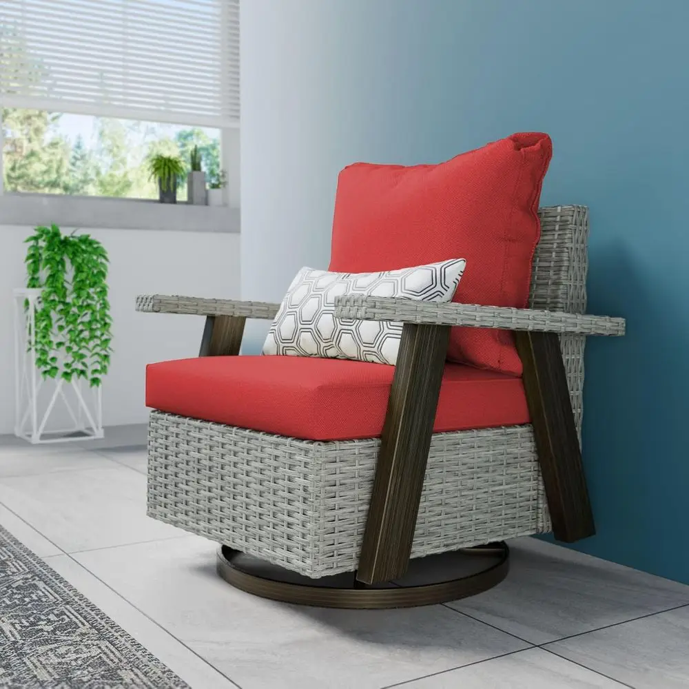 

360° Swivel Wicker Rocking Chair with Cushion, Ideal for Patio, Deck, or Garden (Red)