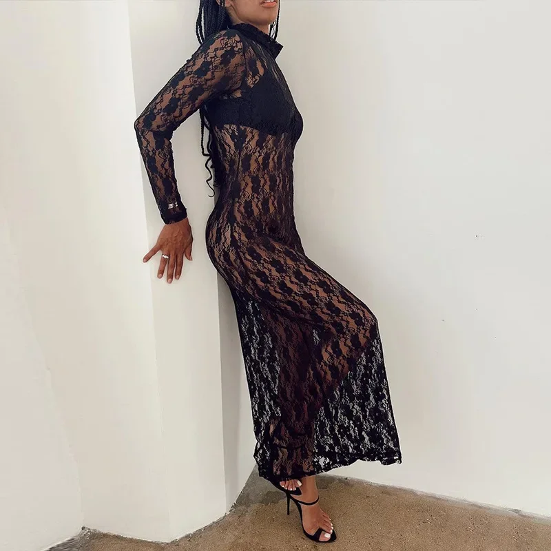 Autumn Sexy Lace See Through Bodycon Maxi Dresses for Women Elegant Turtleneck Long Sleeve Hollow Out Dresses Party Outfits 2023