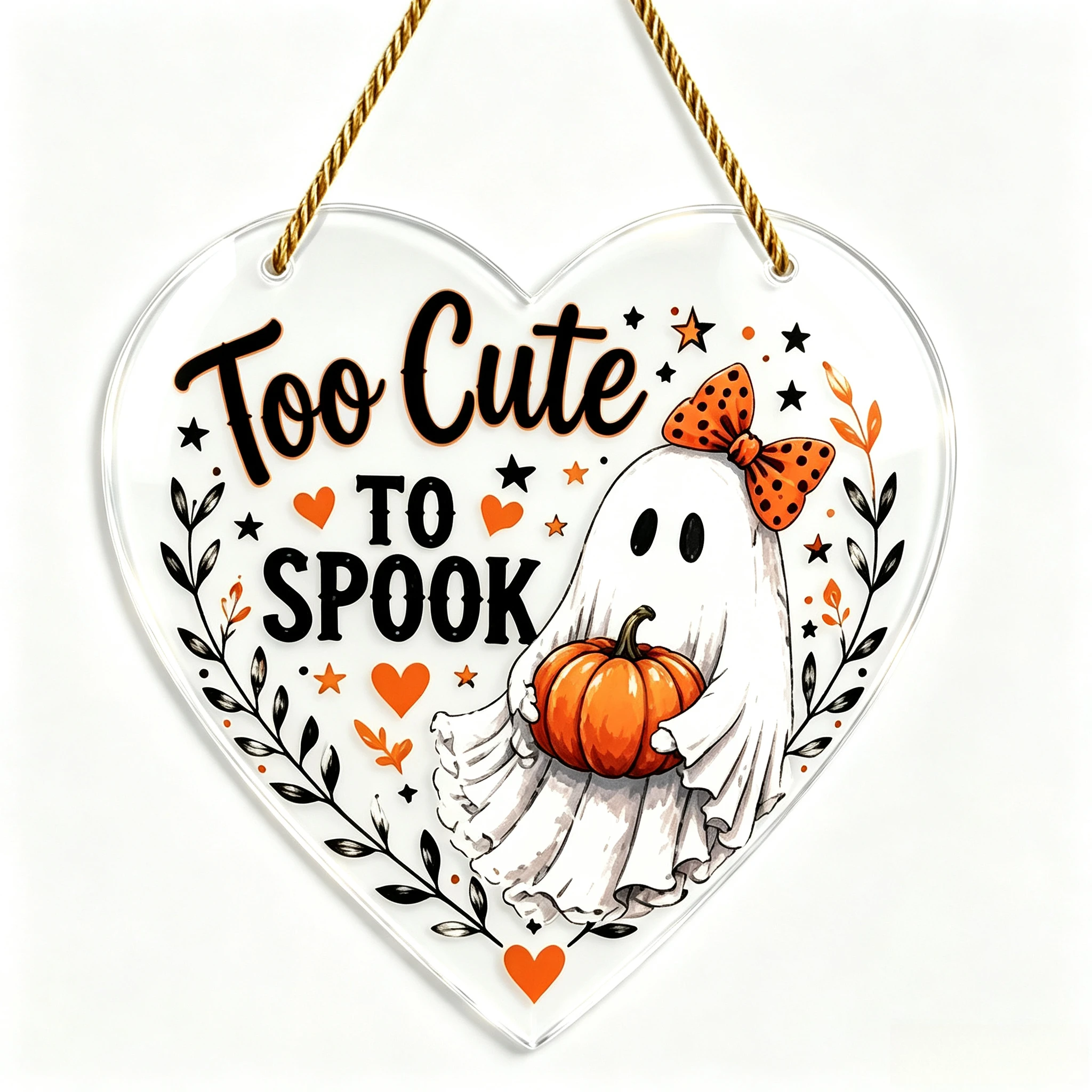 Too Cute To Spook Heart‑Shaped Acrylic Hanging Ornament, Polka Dot Bow Ghost Pumpkin Halloween Wall Decor