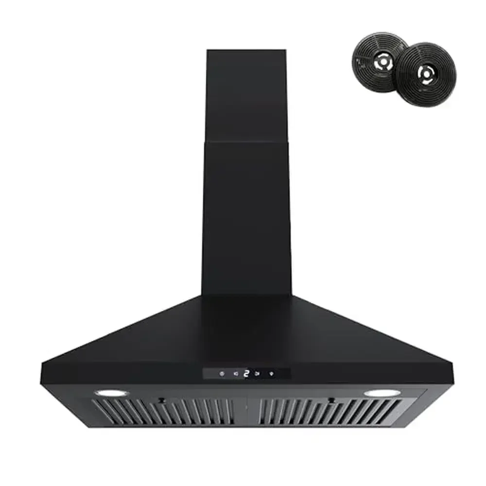 30" Black Convertible Wall Mount Range Hood Brushless Motor 450 CFM 9 Speed Fan Soft Touch Controls Ductless Option Energy