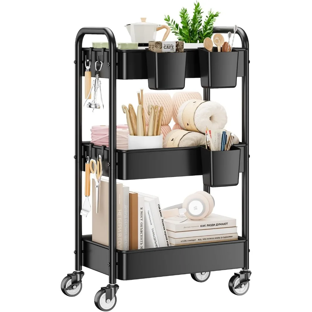 

3Tier Rolling Cart - Metal Utility Cart with Wheels,Hanging Cups,Hooks,Heavy Duty Mesh Rolling Storage Organizer