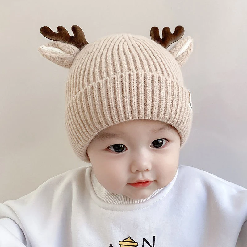 

Unisex Baby Toddler Autumn Winter Warm Knitted Beanie - Solid Color Hat with Cartoon Deer Elk Antlers