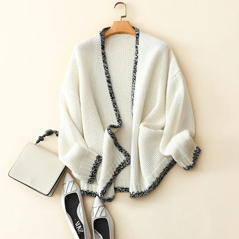 aliaga winter new 100% cashmere thick open cardigan women's warm all-match casual white coat