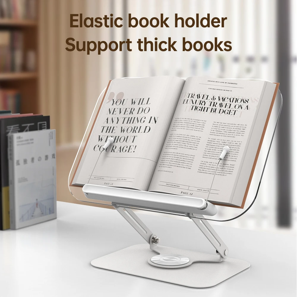 360 Rotating Desktop Book Stand with Transparent Acrylic Panel  Page Clips Foldable and Angle Adjustable Holder for Book Holder