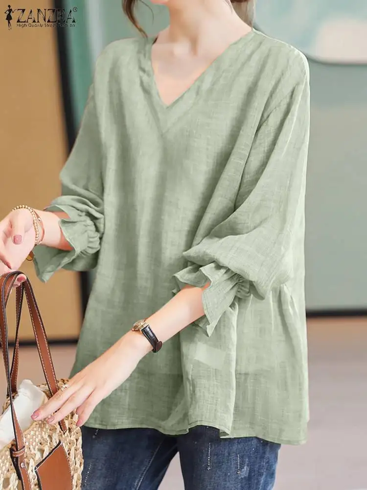 

ZANZEA Elegant Party Chic Blouse Women 2024 Summer Vintage Long Sleeve V-neck Shirts Fashion Casual Tops Loose Tunic Oversized