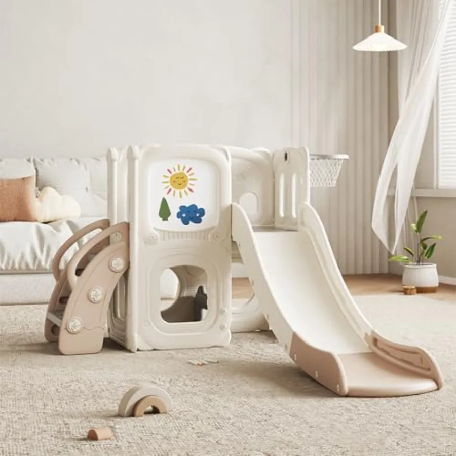 

Indoor Outdoor Toddler Slide Playset with Climber Basketball Hoop Artboard for Ages 1-5 Multi-Color Play Equipment for Backyard