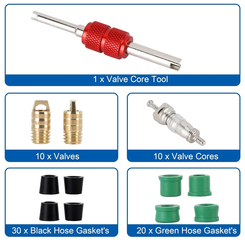BHBL HVAC Hose Gasket,HVAC Hose Seals HVAC 71Pcs Air Condition Repair Kit Repair Tool 10Pcs Valve Cores 50Pcs Hose Gaskets