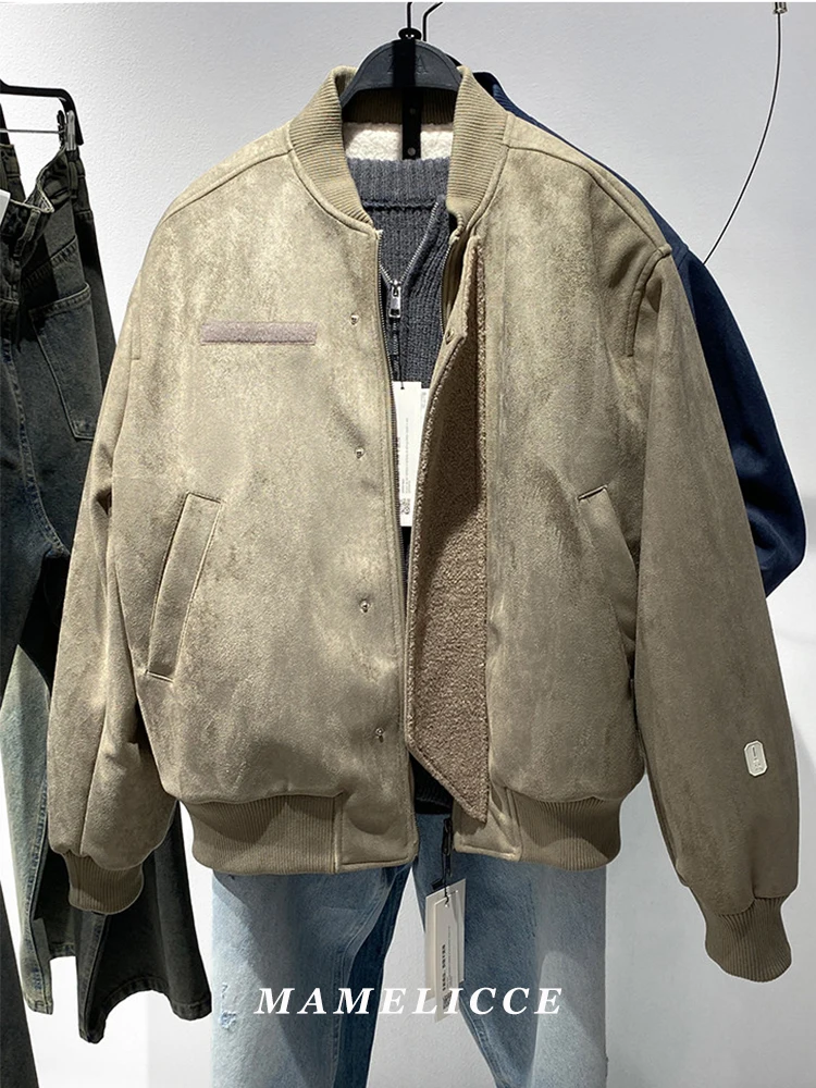 MAMELICCE Original design high quality Men's structured suede textured baseball collar jacket with fleece thick jack Men jackets