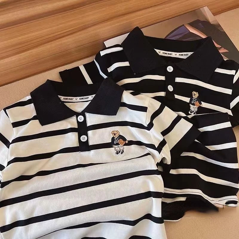 Summer Kids Clothes Cotton 2023 New Boys Handsome Fashion Casual Lapel Striped Cartoon Pattern Printed Short Sleeve Polo Shirt