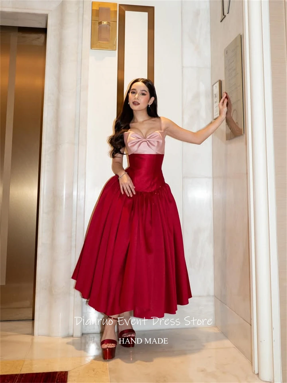 Dianruo Rosso E Rosa Una Linea di Abito Da Sera Midi di Lunghezza Senza Spalline Robe De Soirée Femme Arco Abiti Para Mujer Personalizzato