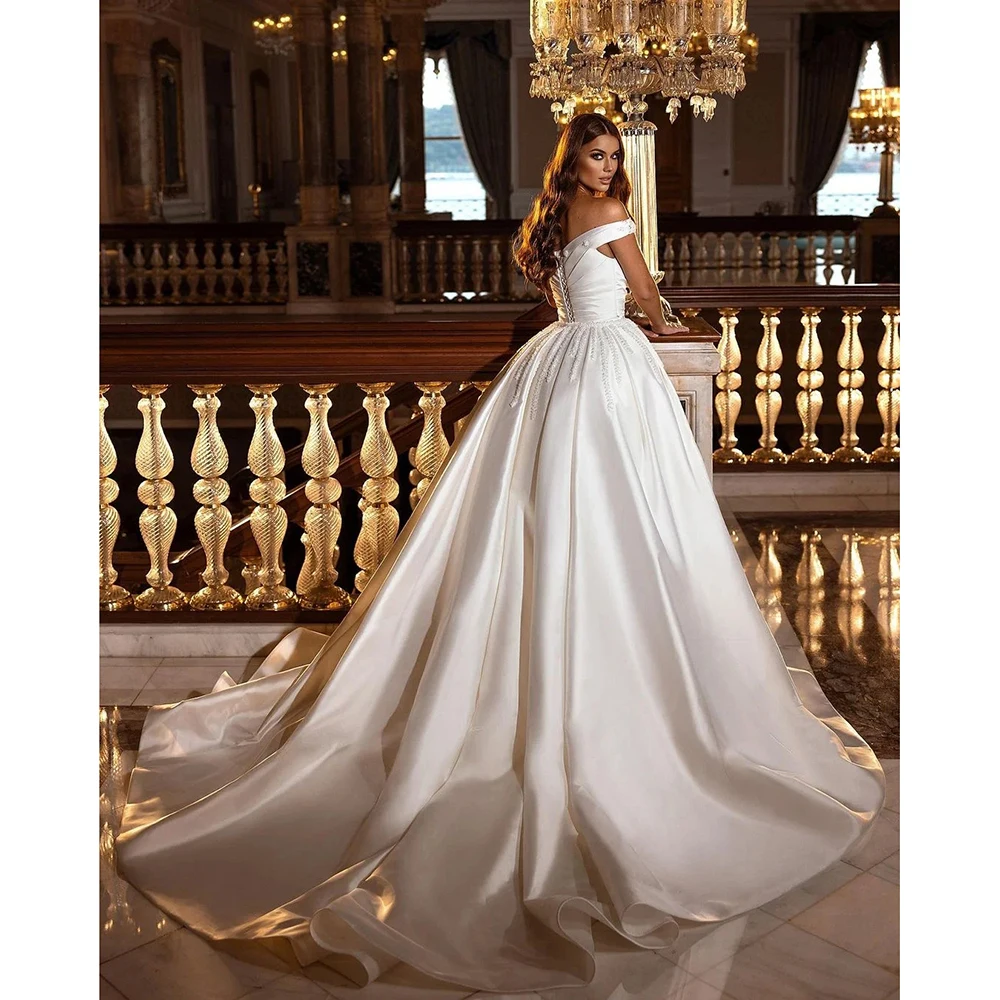 Vestido de novia blanco de lujo 2025, tren capilla con hombros descubiertos, ocasión Formal, vestido bonito para mujer, vestidos de fiesta de moda personalizados