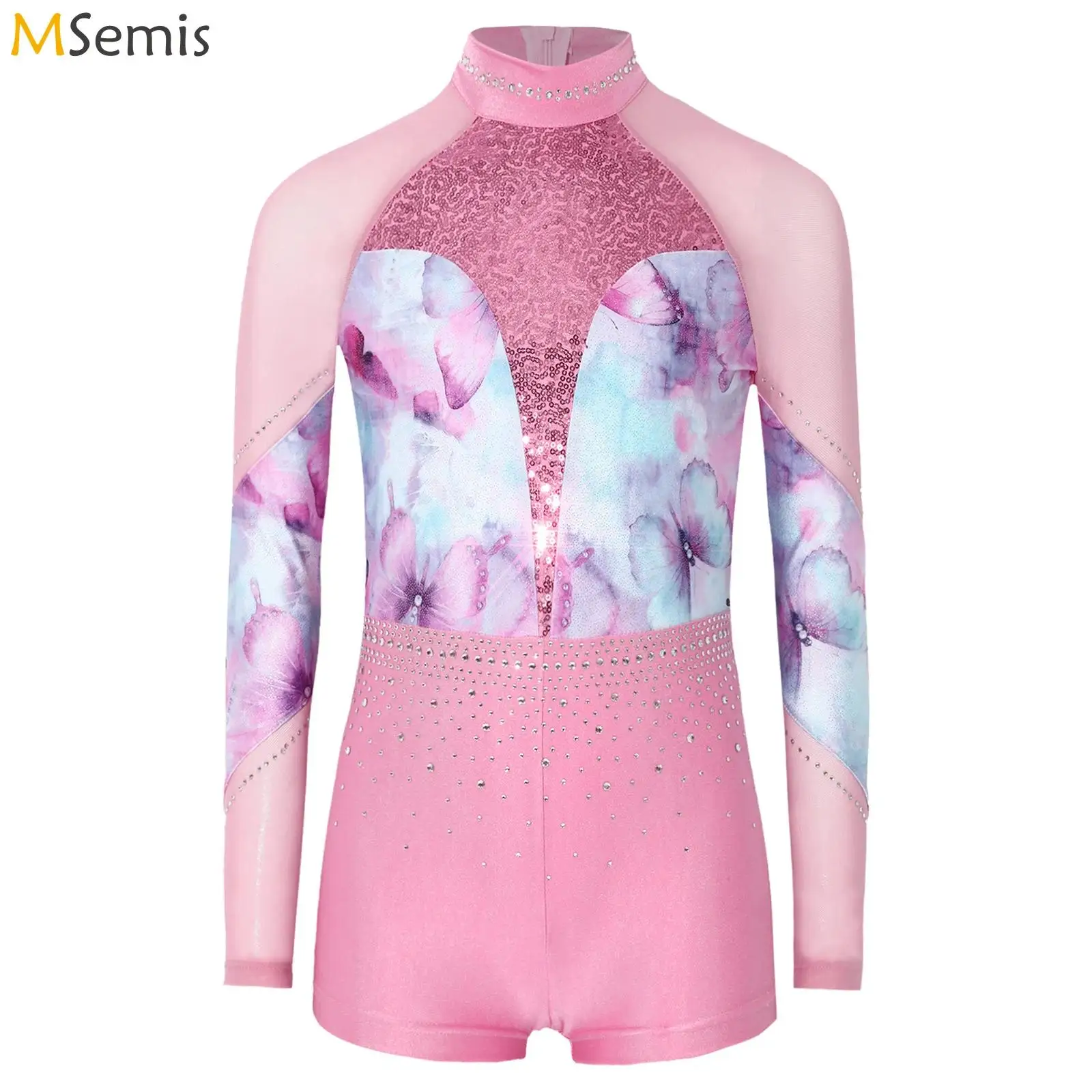 

Girls Floral Rhythmic Gymnastics Leotard Kids Ballet Dance Performance Costume Mesh Sparkly Rhinestones Sequins Decor Jumpsuit