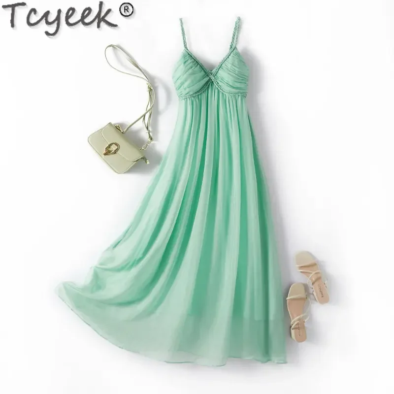 

Tcyeek 95% Mulberry Real Silk Dresses for Women 2023 New Summer Women's Long Slip Dress Travel Holiday Beach Dress Vestidos Cjk