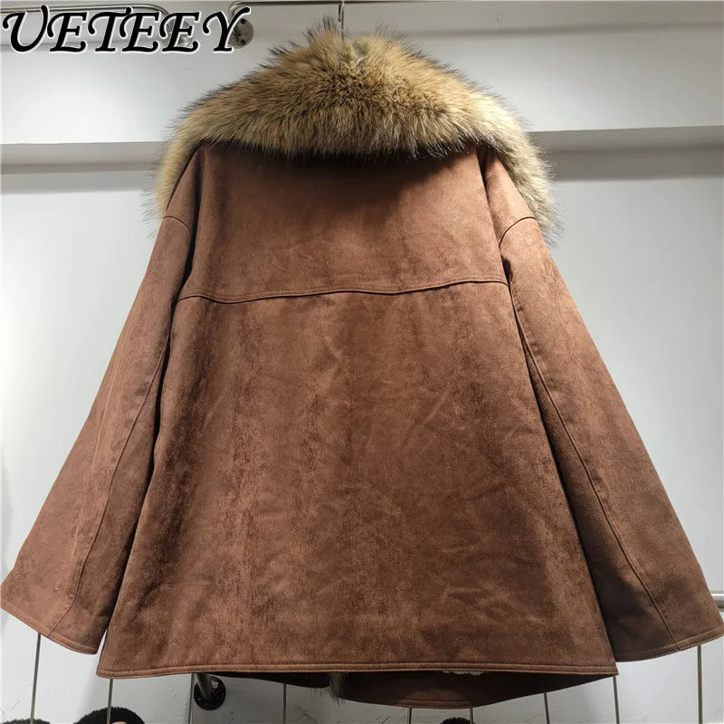 معطف قطني من جلد الغزال البني الأمريكي للنساء لخريف وشتاء معاطف جديدة من الفرو الصناعي بياقة متكاملة أنيقة ودافئة وسميكة