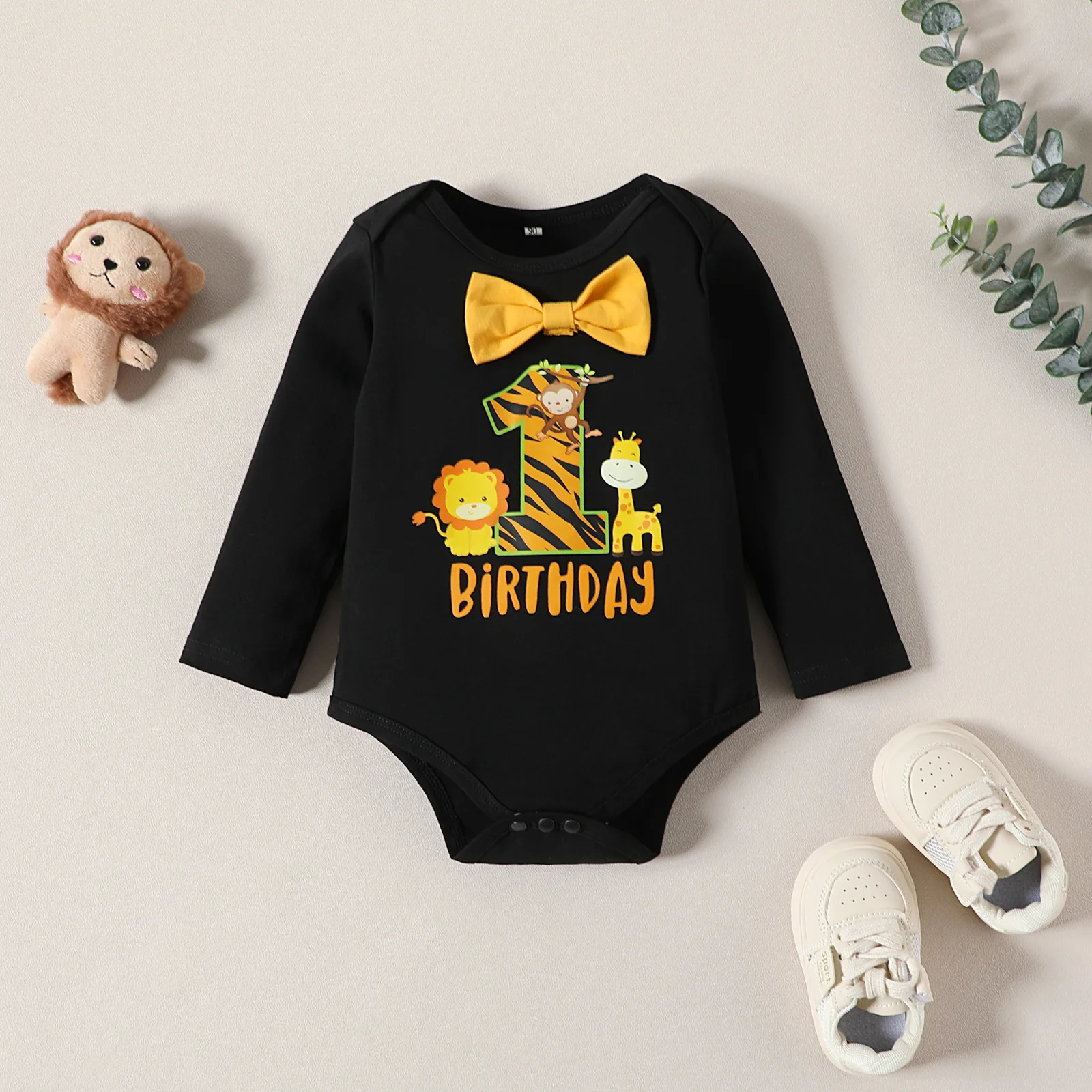 Baby Boy Clothes NO.1 Printed Romper Long Sleeve Bodysuits with Suspender Pants First Birthday Outfit for Cake Smash Photograph