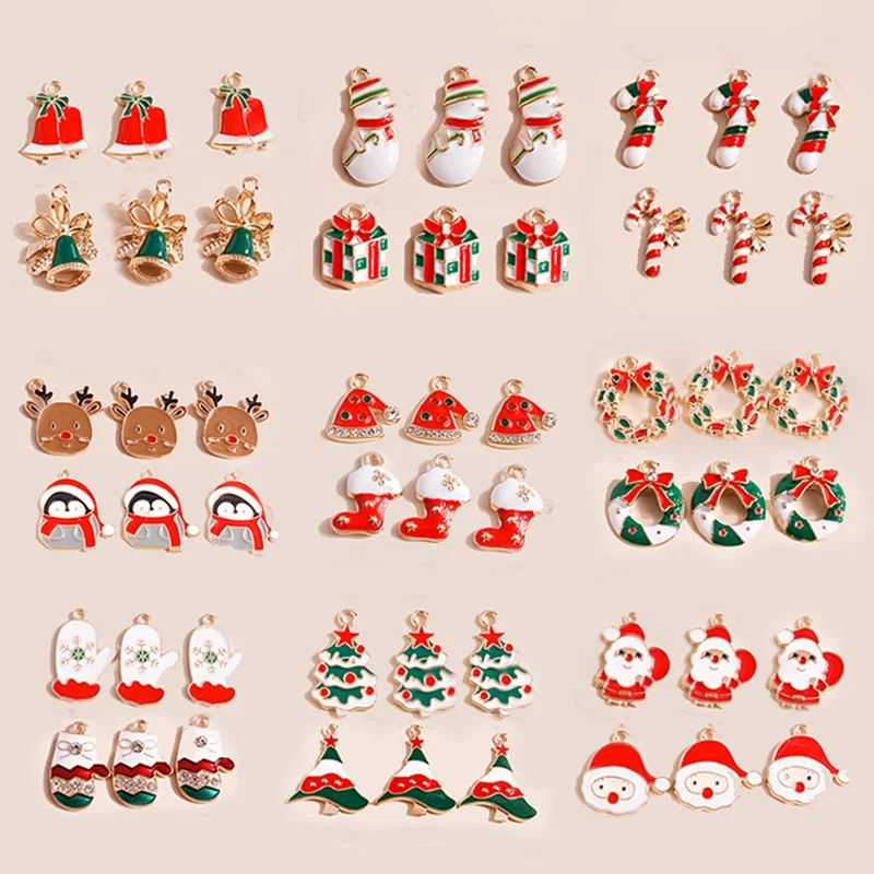 Leslie 10pcs Hot Sale Red Christmas Charm Enamel Santa Claus Tree Stocking Hat Bell Pendant DIY Earring Necklace Jewelry Making