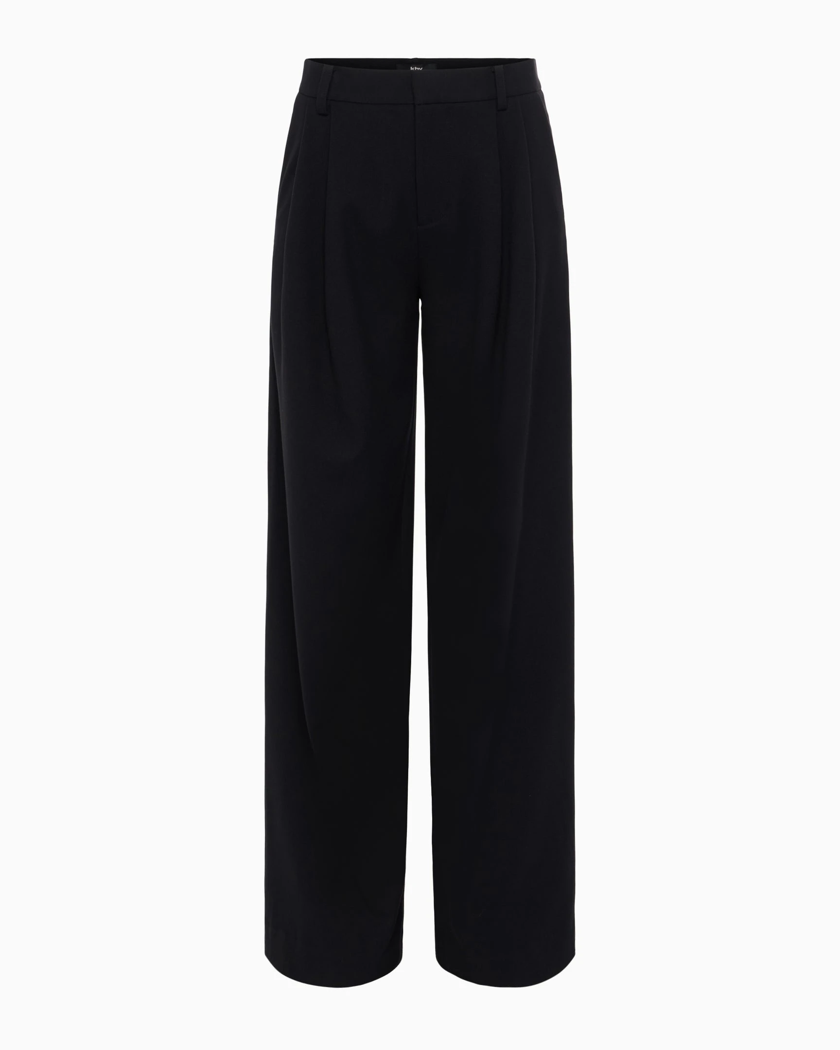 بنطال Khy Kylie ذو الساق المستقيمة باللون الأسود متوسط الارتفاع بنفس الطراز، مع نسيج مصقول ونمط مريح من الخلف، سروال بدلة بطول الأرض،