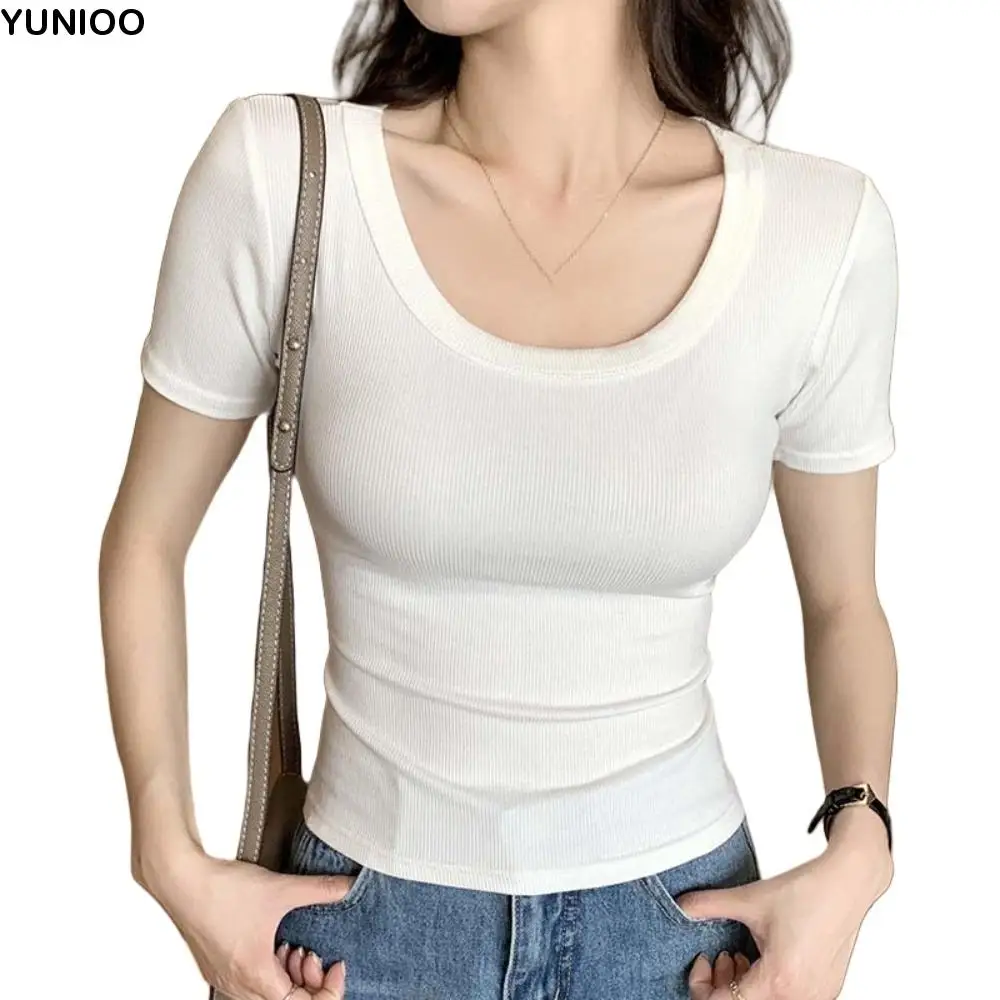 

Slim Korean Y2K Crop Tops Round Neck Corset Black White Grey T-shirt Short Sleeves Breathable Slim Short T-shirt Ladies