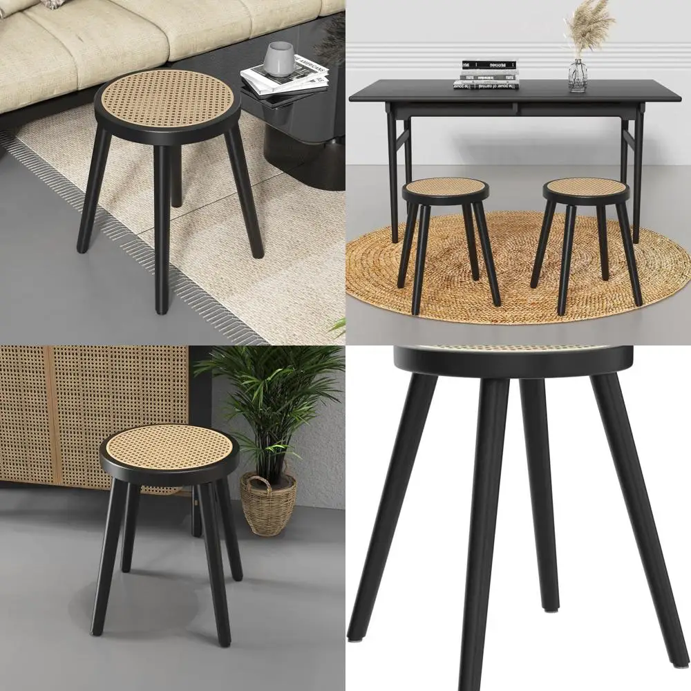 

Handcrafted Rattan Stool, Natural Wood, Lightweight & Easy Assembly, Round, Black
