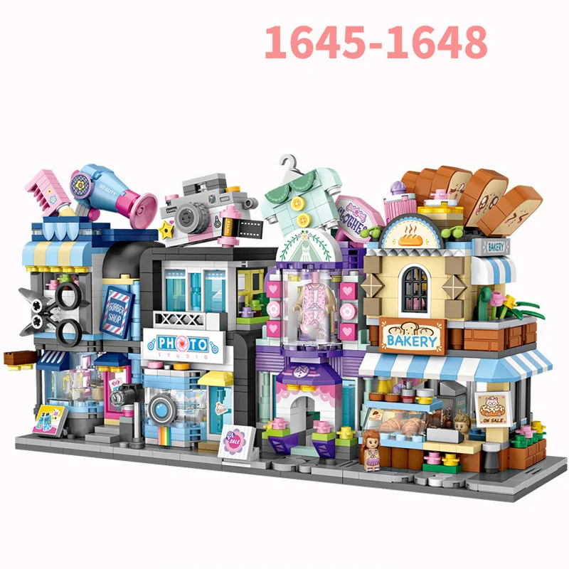 Creative Mini Block Commercial Street View Hair Salon Bakery Photo Studio Clothing Store Architecture Building Brick Figure Toys