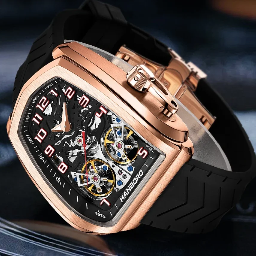 HANBORO Мужские автоматические часы 44 мм Модные механические наручные часы Светящиеся 50 м Водонепроницаемые скелетон с двойным маховиком