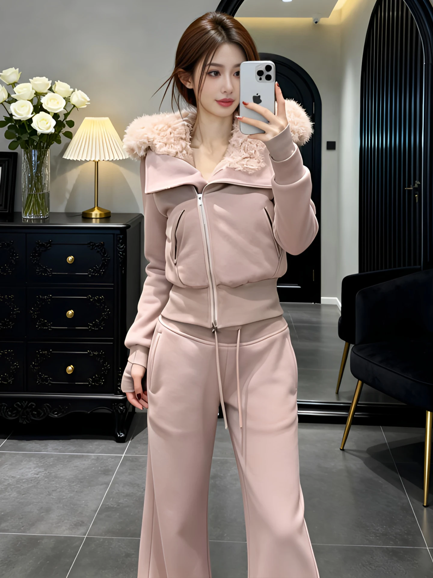 

Korean Style Lazy Casual Straight Leg Pants Two Piece Set Women's Slim Fit Jacket Long Sleeve Zipper Closure Fashion Set