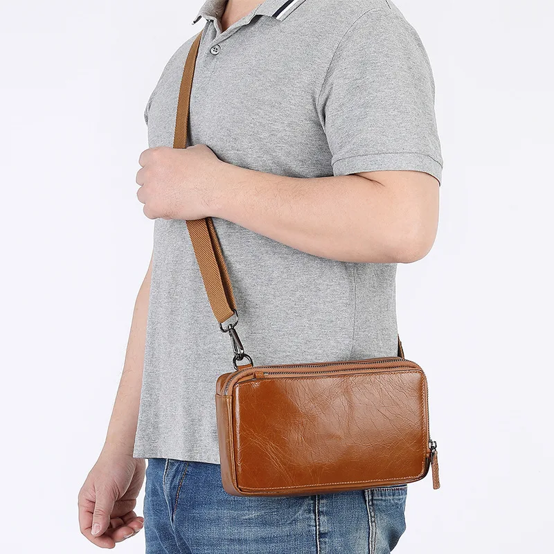 Man Leather Shoulder Chest Bag Men\'s Oil Wax Cow Leather Messenger Bag Office Handbag For Men Casual Male Shoulder Bag