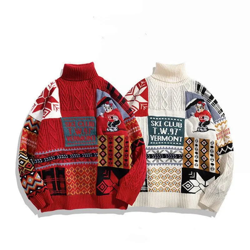 

Вязаный свитер с милым медведем, мужской уличный зимний пуловер с высоким воротником, свободные свитера для пар в стиле Харадзюку, бархатные джемперы