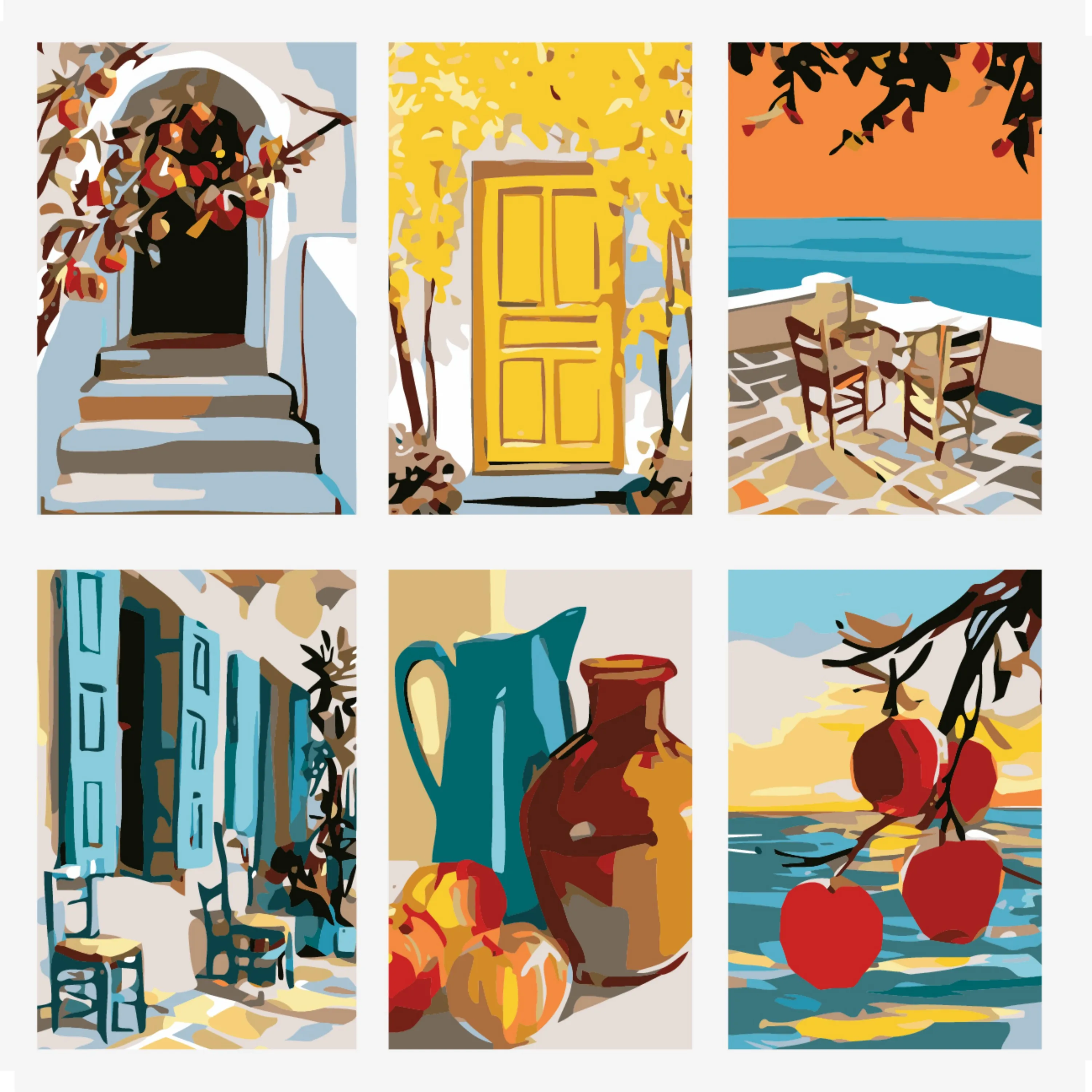 6 pieces of DIY coloring paintings featuring Blue Shutters & Courtyard Chairs suitable for home wall decoration.