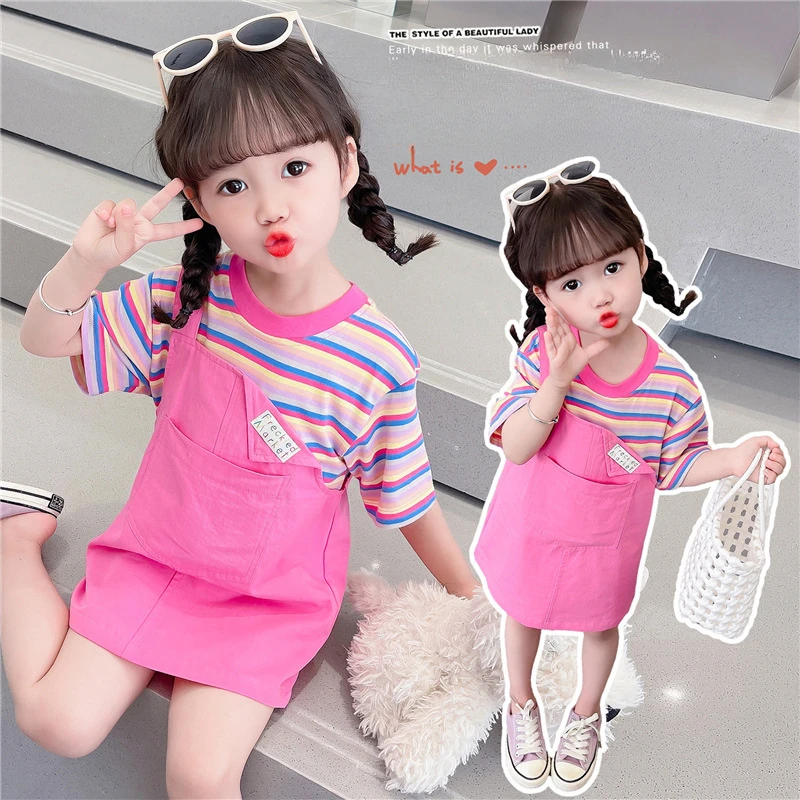 

Girls' Short-sleeved Dress Summer New Fashion Little Girls Color Striped Patchwork Dress Send A Pair of Hairpins Ropa De Niña