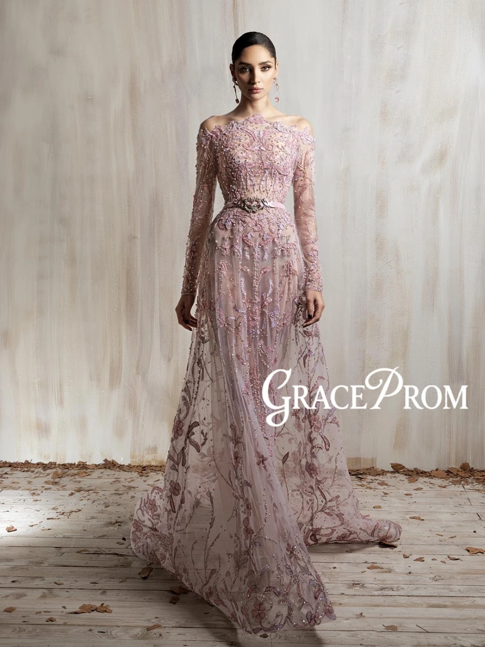 

Shiny 3D Floral Embroidered Evening Gown Off Shoulder Long Sleeve Sheer Mesh Belted Formal Dress With Train For Wedding Guest