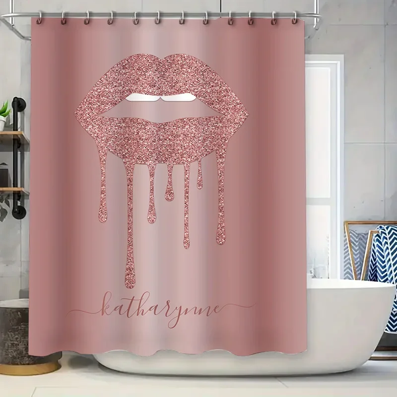 Luxury Glitter Lip Print Shower Curtain Set for Bathroom Decor Pink Rose Gold Metal Hook with Custom Name Monogram Gift