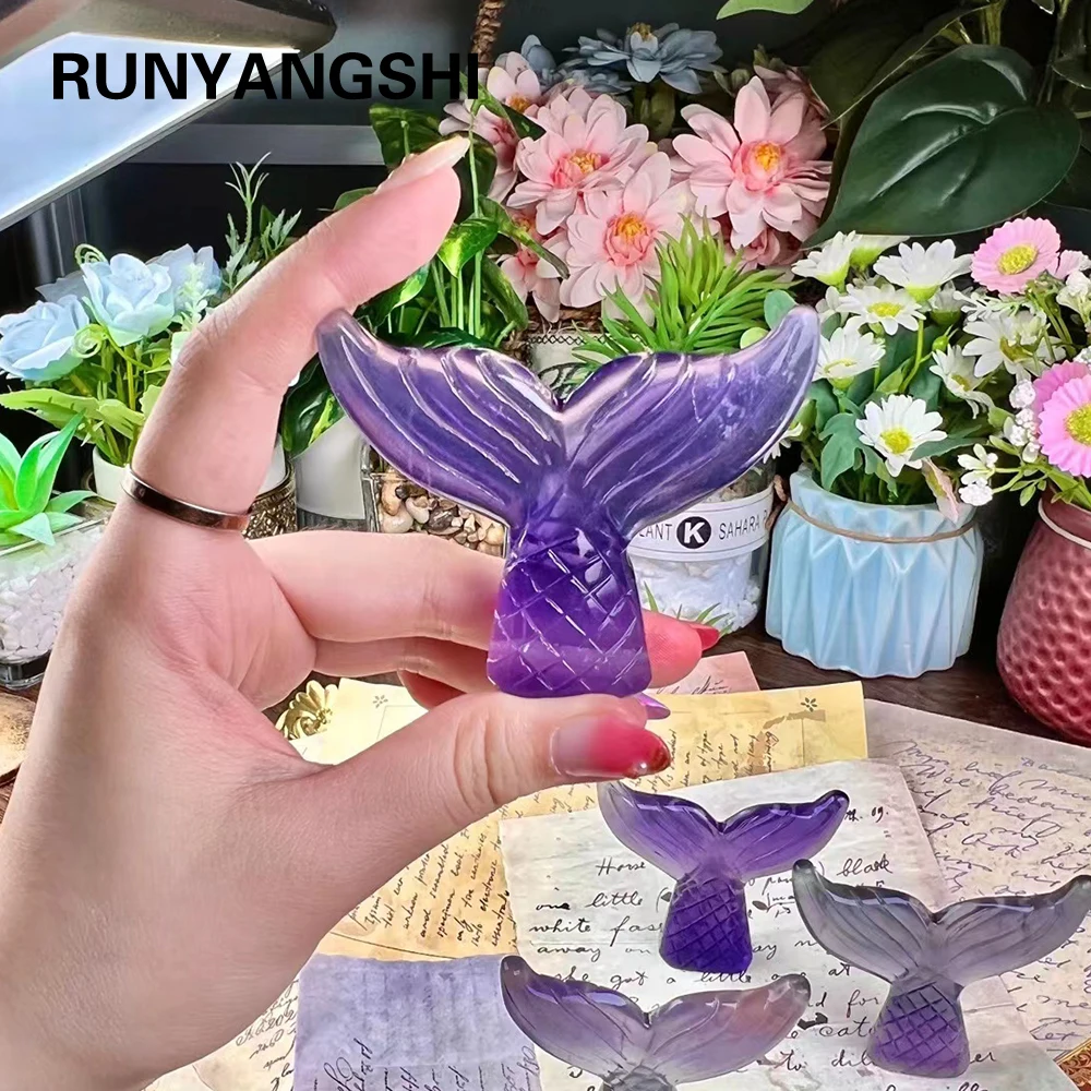 

1pc Crystal Mermaid Sculpture Natural Purple Fluorite Dolphin Fishtail Handicraft Ornament Energy Quartz Healthy Daughter Gift