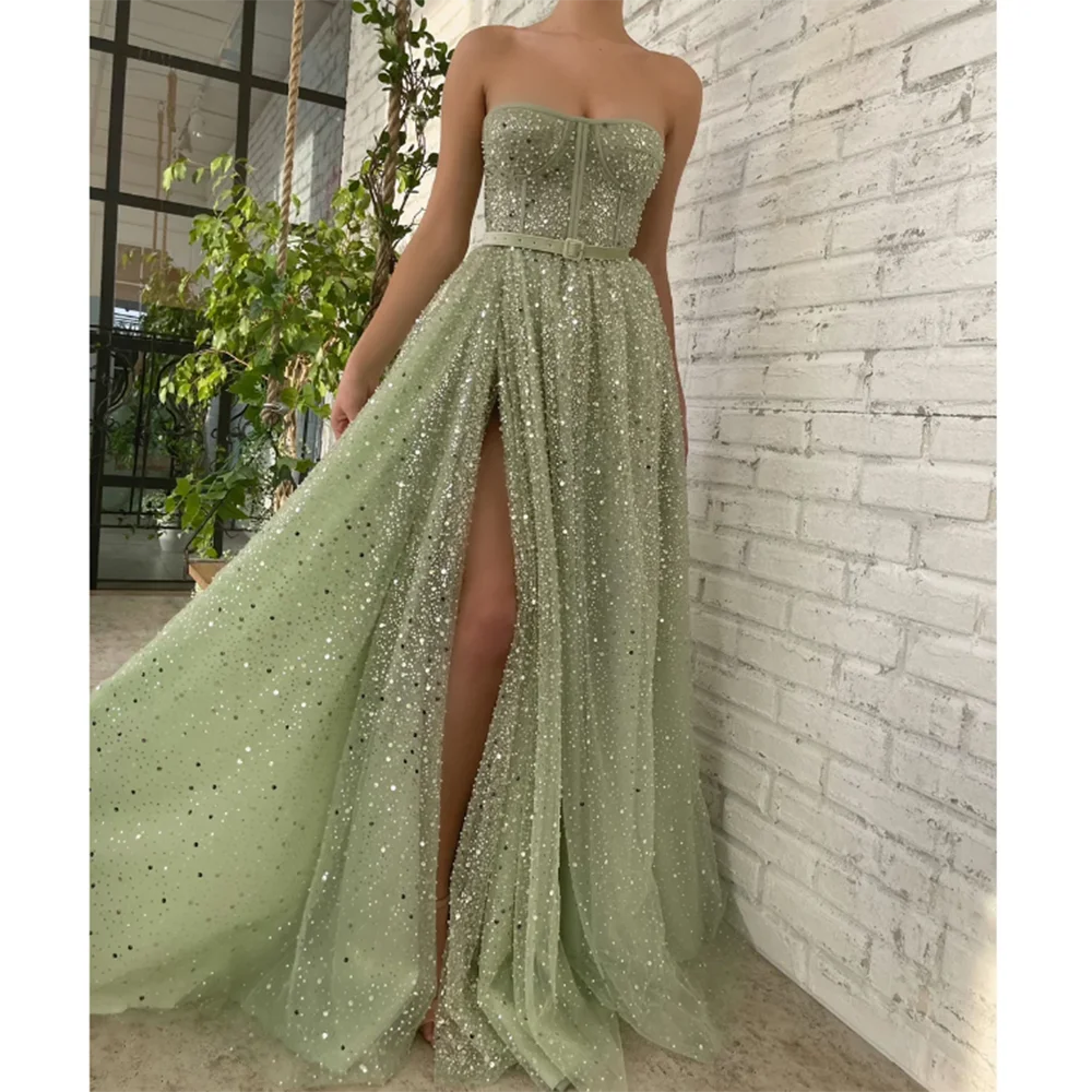 Summer Shiny Light Green Sequin Prom Dresses Side Split Sexy Floor Length Sleeveless Slim Fit Vestidos De Fiestas Elegantes Muje