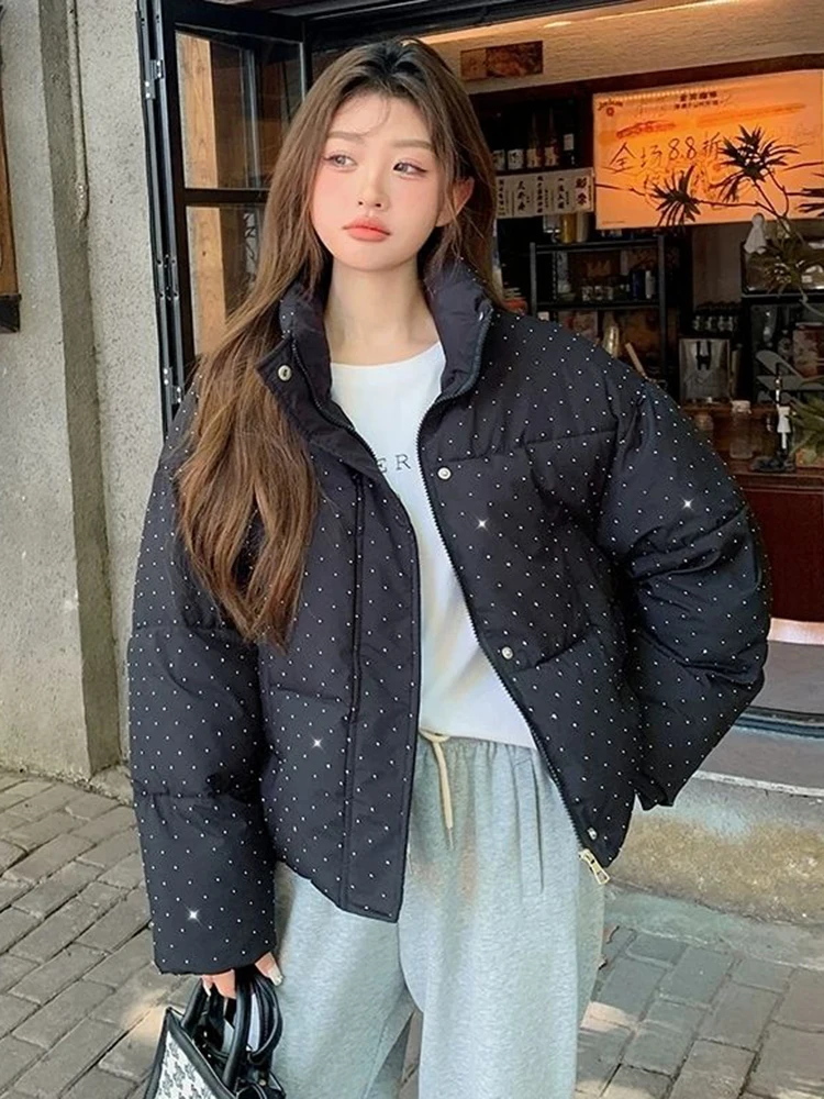 

Zoki Fashion Diamonds Sweet Parkas Women Loose Stand Collar Winter Puffy Coat Korean Chic Long Sleeve Pockets Lady Casual Jacket
