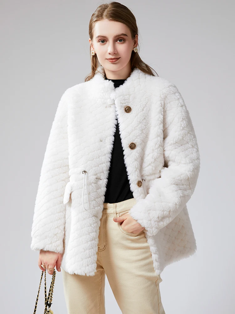 

Женское зимнее пальто из овчины Cloud Lamb Fur Coat средней длины с поясом, приталенное, для повседневной носки, с длинными рукавами